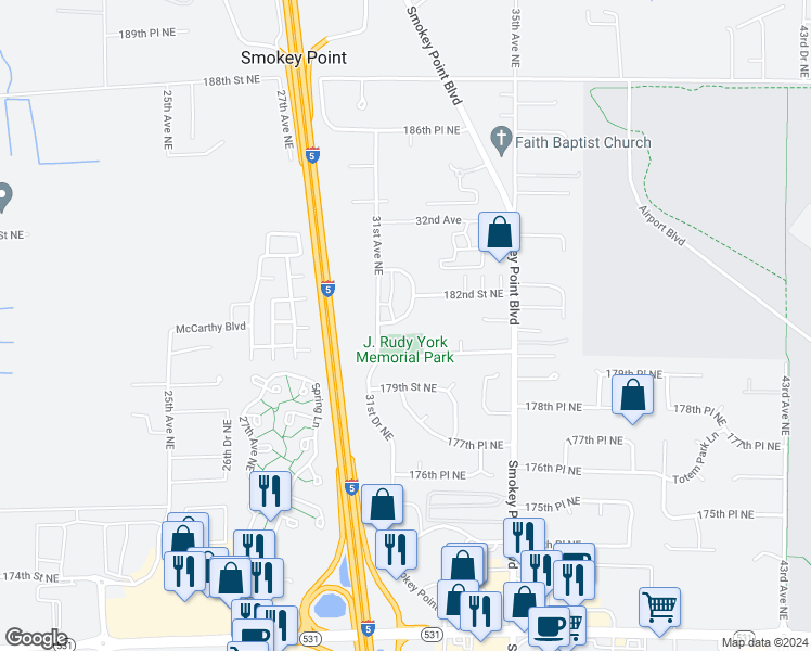 map of restaurants, bars, coffee shops, grocery stores, and more near 3122 181st Street Northeast in Arlington
