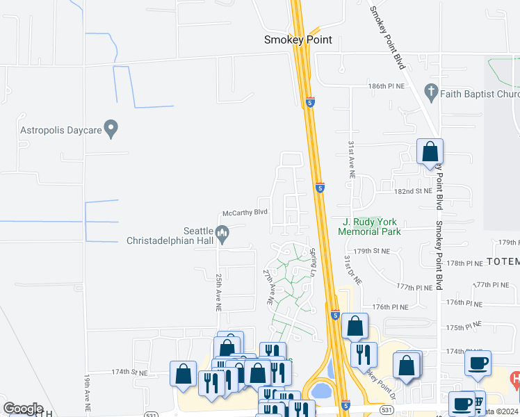 map of restaurants, bars, coffee shops, grocery stores, and more near 18111 25th Avenue Northeast in Marysville