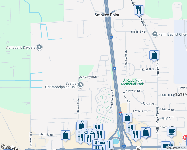 map of restaurants, bars, coffee shops, grocery stores, and more near 18111 25th Avenue Northeast in Marysville