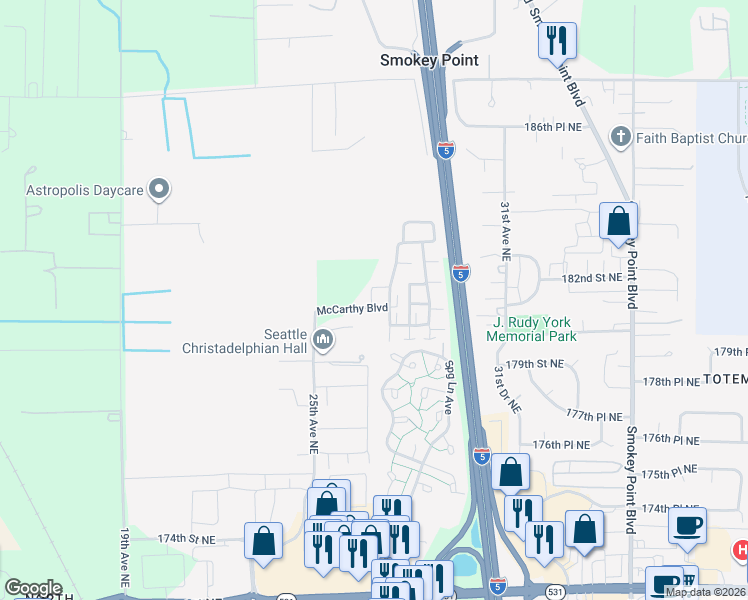 map of restaurants, bars, coffee shops, grocery stores, and more near 18111 25th Avenue Northeast in Marysville