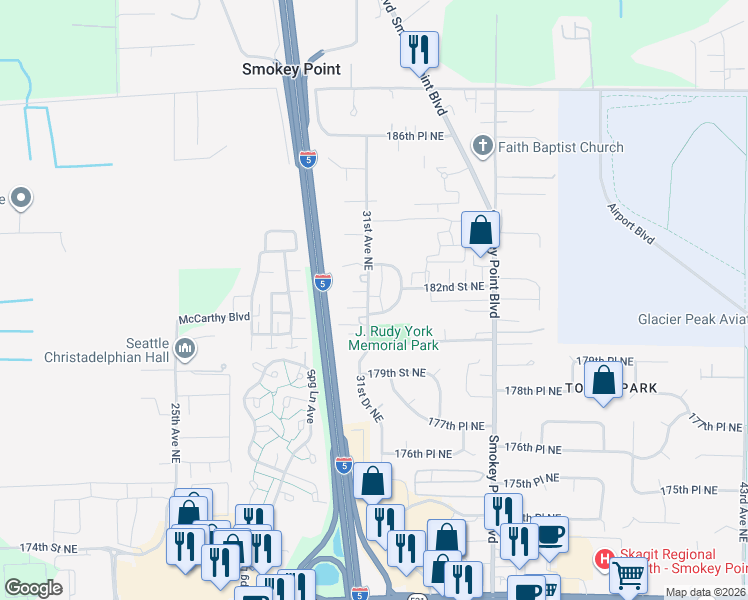 map of restaurants, bars, coffee shops, grocery stores, and more near 18108 31st Avenue Northeast in Arlington