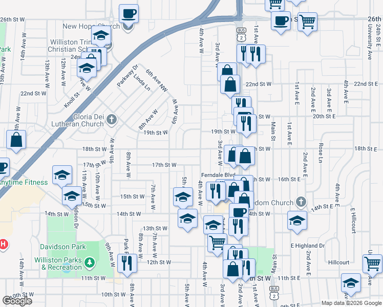 map of restaurants, bars, coffee shops, grocery stores, and more near 1715 4th Avenue West in Williston