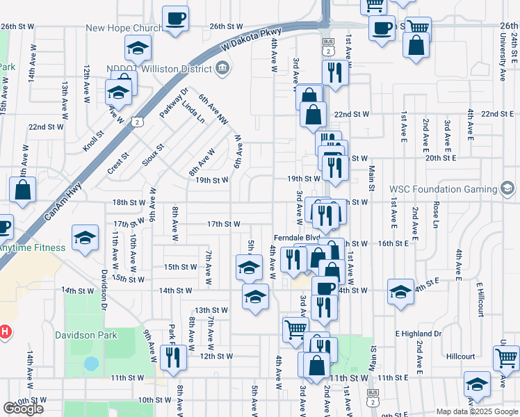 map of restaurants, bars, coffee shops, grocery stores, and more near 1661-1699 5th Avenue West in Williston