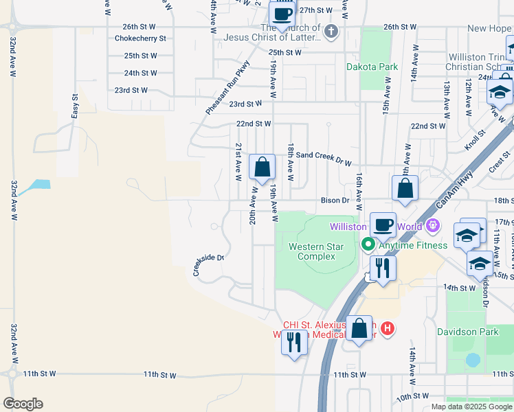 map of restaurants, bars, coffee shops, grocery stores, and more near 1621-1737 20th Avenue West in Williston