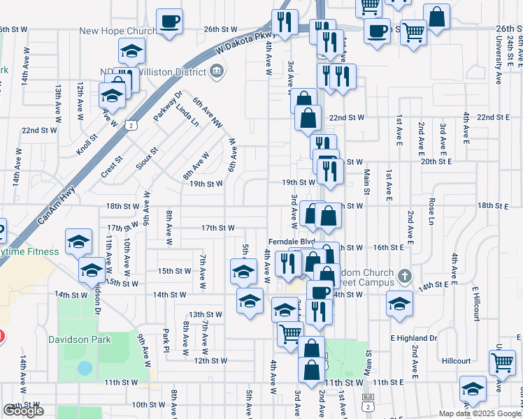 map of restaurants, bars, coffee shops, grocery stores, and more near 1804 4th Avenue West in Williston