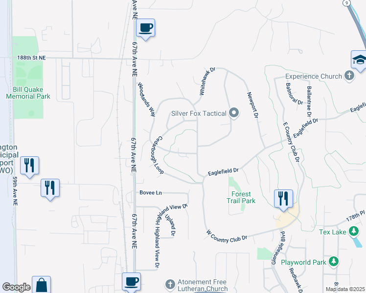 map of restaurants, bars, coffee shops, grocery stores, and more near 18222 Woodbine Drive in Arlington