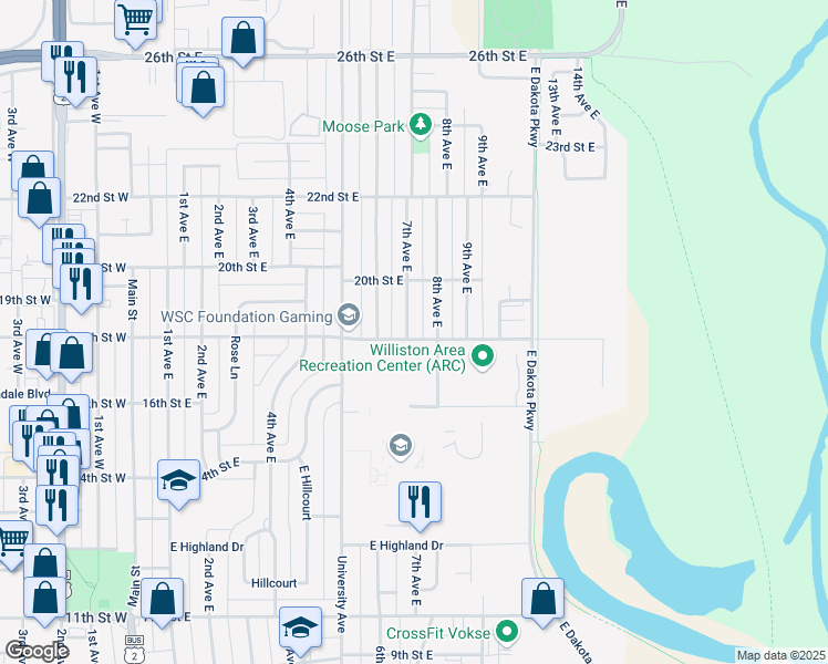 map of restaurants, bars, coffee shops, grocery stores, and more near 1815 7th Avenue East in Williston