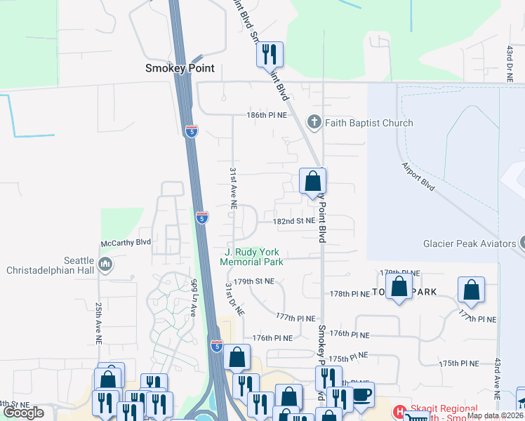 map of restaurants, bars, coffee shops, grocery stores, and more near 3121 183rd Place Northeast in Arlington
