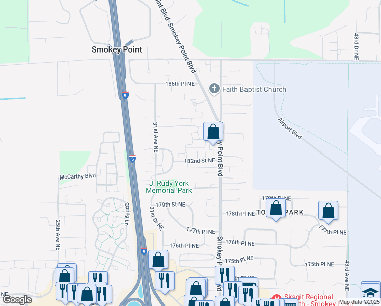 map of restaurants, bars, coffee shops, grocery stores, and more near 3301 182nd Street Northeast in Arlington