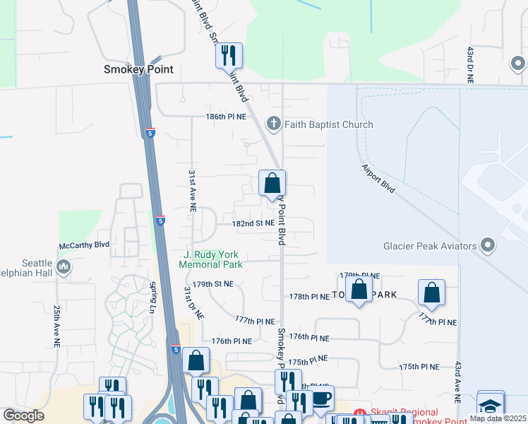 map of restaurants, bars, coffee shops, grocery stores, and more near 3403 182nd Street Northeast in Arlington