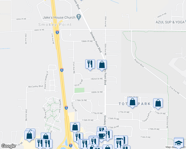 map of restaurants, bars, coffee shops, grocery stores, and more near 3313 182nd Street Northeast in Arlington