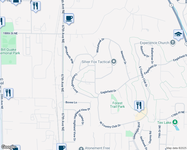 map of restaurants, bars, coffee shops, grocery stores, and more near 18222 Woodbine Drive in Arlington