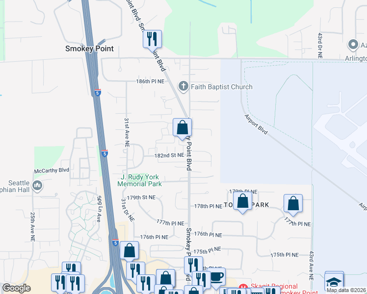 map of restaurants, bars, coffee shops, grocery stores, and more near 3303 182nd Street Northeast in Arlington