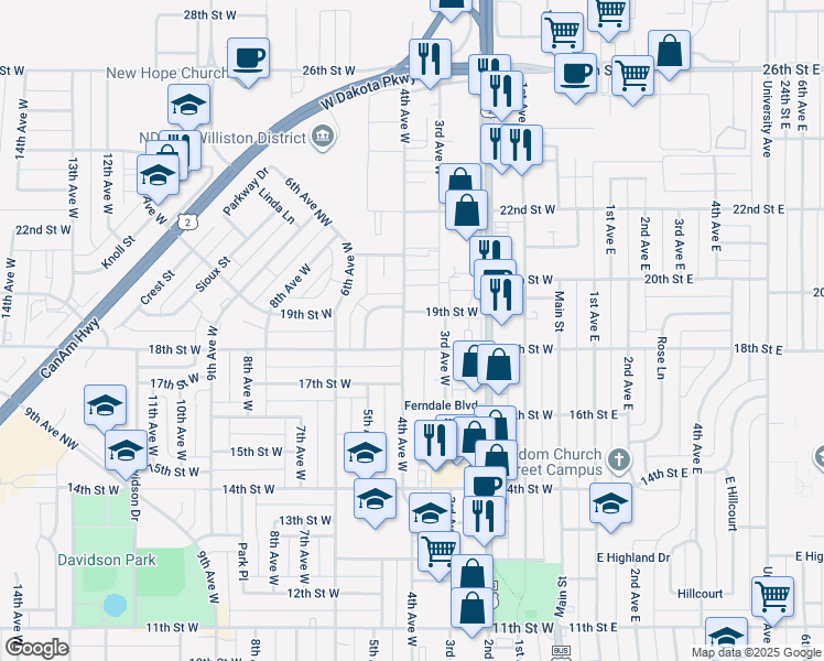 map of restaurants, bars, coffee shops, grocery stores, and more near 1804 4th Avenue West in Williston