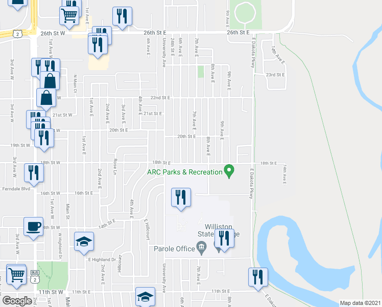map of restaurants, bars, coffee shops, grocery stores, and more near 1815 7th Avenue East in Williston
