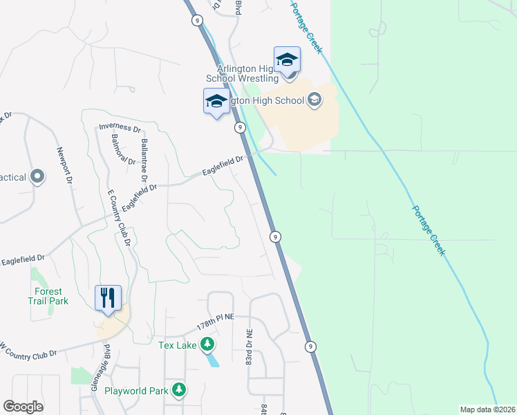 map of restaurants, bars, coffee shops, grocery stores, and more near 18309 Champions Drive in Arlington