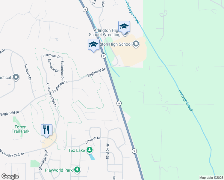 map of restaurants, bars, coffee shops, grocery stores, and more near 18309 Champions Drive in Arlington