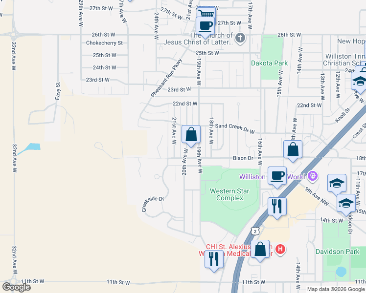 map of restaurants, bars, coffee shops, grocery stores, and more near 1814 21st Avenue West in Williston