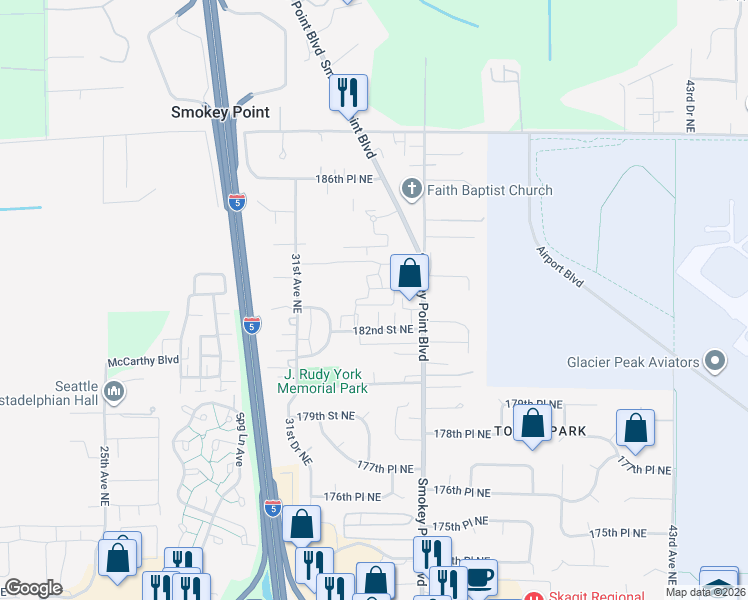 map of restaurants, bars, coffee shops, grocery stores, and more near 3301 182nd Street Northeast in Arlington