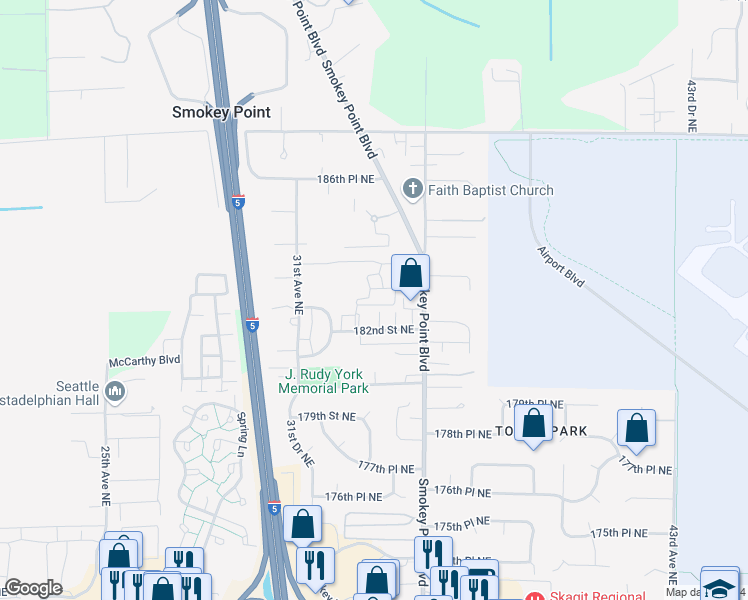 map of restaurants, bars, coffee shops, grocery stores, and more near 3301 182nd Street Northeast in Arlington
