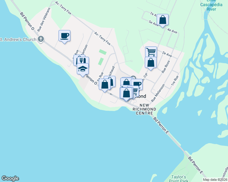 map of restaurants, bars, coffee shops, grocery stores, and more near 134a Boulevard Perron Ouest in New Richmond