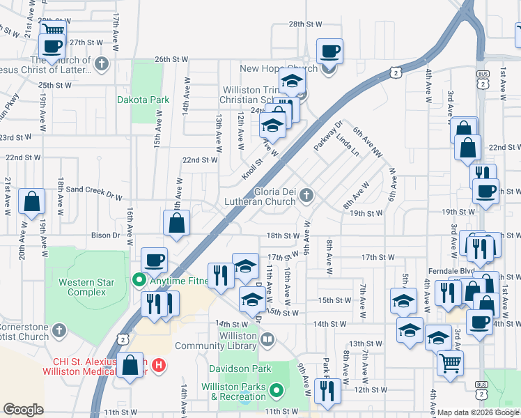 map of restaurants, bars, coffee shops, grocery stores, and more near 1810 Crest Street in Williston