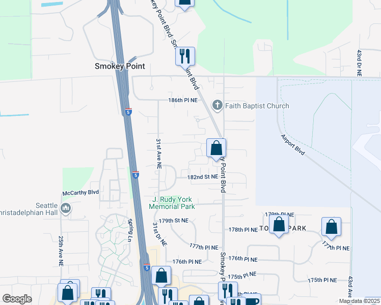 map of restaurants, bars, coffee shops, grocery stores, and more near 3301 182nd Street Northeast in Arlington