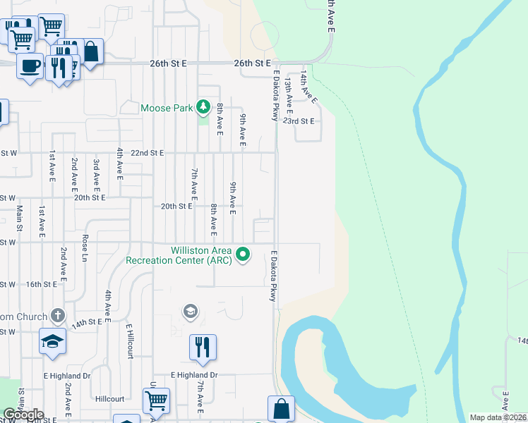 map of restaurants, bars, coffee shops, grocery stores, and more near 1905 East Dakota Parkway in Williston