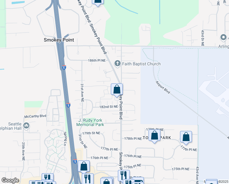 map of restaurants, bars, coffee shops, grocery stores, and more near 18308 Smokey Point Boulevard in Arlington