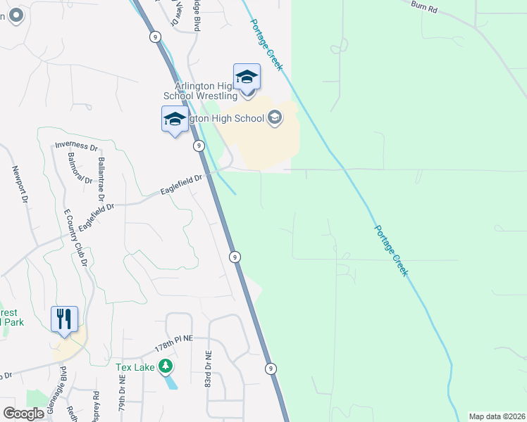 map of restaurants, bars, coffee shops, grocery stores, and more near 18403 86th Drive Northeast in Arlington