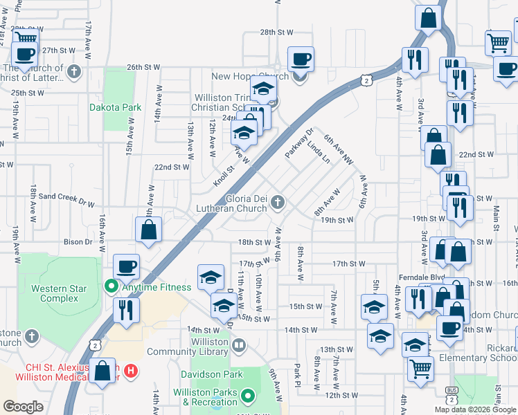 map of restaurants, bars, coffee shops, grocery stores, and more near 1810-1898 Crest St in Williston