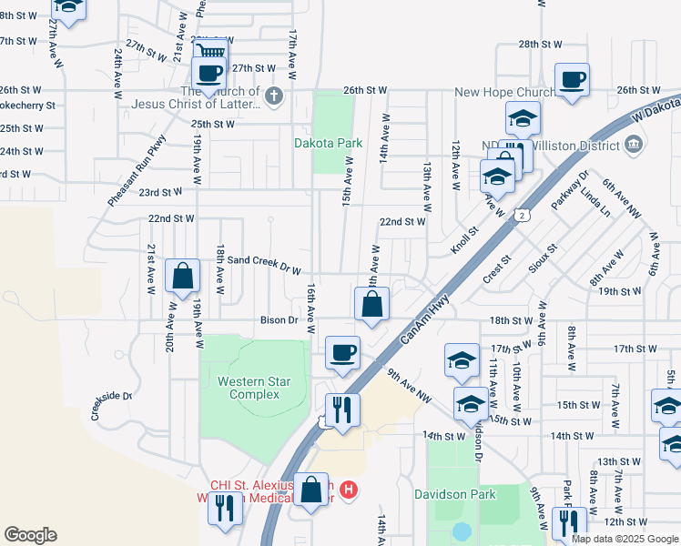 map of restaurants, bars, coffee shops, grocery stores, and more near 1800 15th Avenue West in Williston