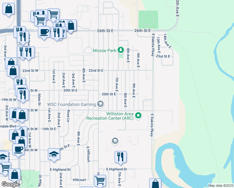 map of restaurants, bars, coffee shops, grocery stores, and more near 2001 7th Avenue East in Williston