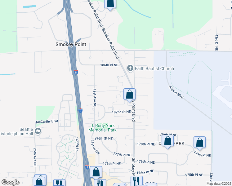 map of restaurants, bars, coffee shops, grocery stores, and more near 18326 Smokey Point Boulevard in Arlington