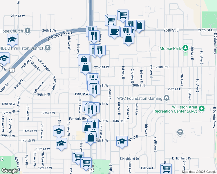 map of restaurants, bars, coffee shops, grocery stores, and more near 98 20th Street West in Williston