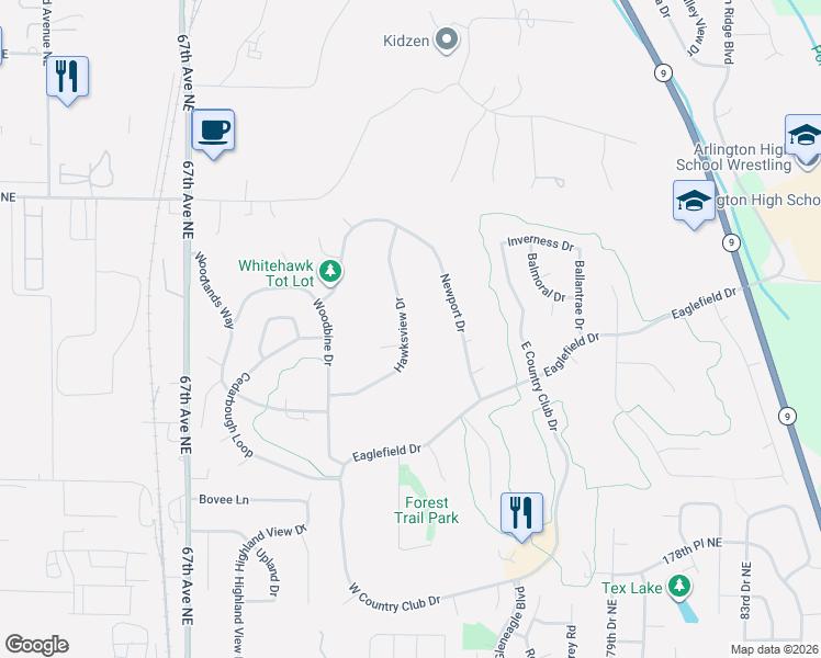 map of restaurants, bars, coffee shops, grocery stores, and more near 18407 Hawksview Drive in Arlington