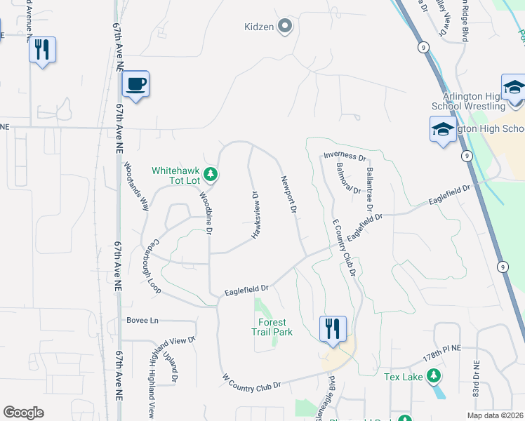 map of restaurants, bars, coffee shops, grocery stores, and more near 18407 Hawksview Drive in Arlington