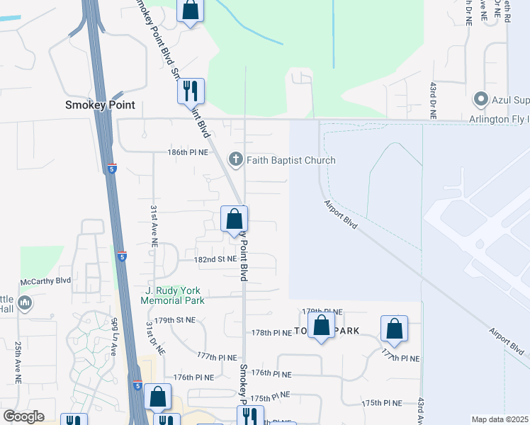 map of restaurants, bars, coffee shops, grocery stores, and more near 3604 184th Place Northeast in Arlington