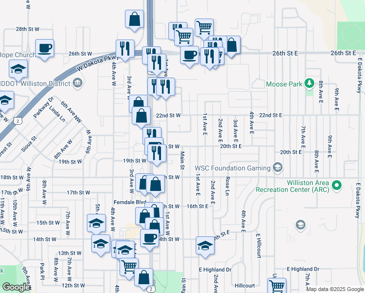 map of restaurants, bars, coffee shops, grocery stores, and more near 98 20th Street West in Williston