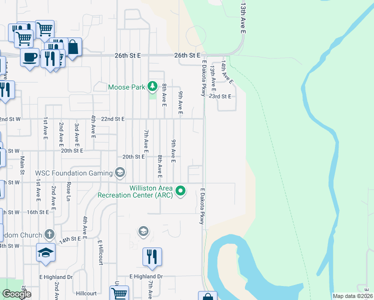 map of restaurants, bars, coffee shops, grocery stores, and more near 2014 9th Avenue East in Williston