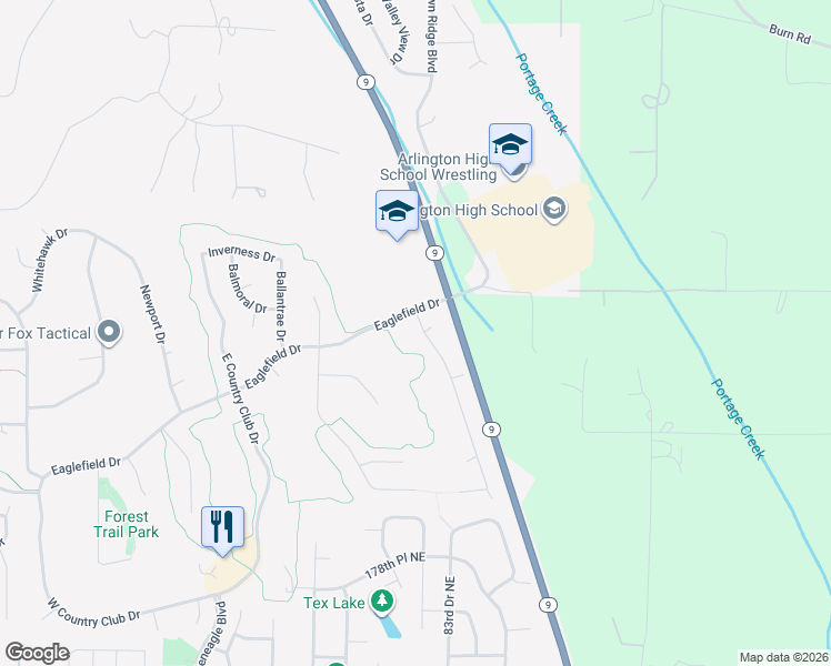 map of restaurants, bars, coffee shops, grocery stores, and more near 18424 Champions Drive in Arlington
