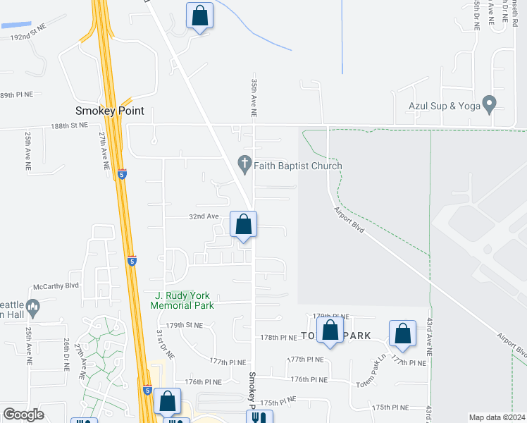 map of restaurants, bars, coffee shops, grocery stores, and more near 18405 35th Avenue Northeast in Arlington