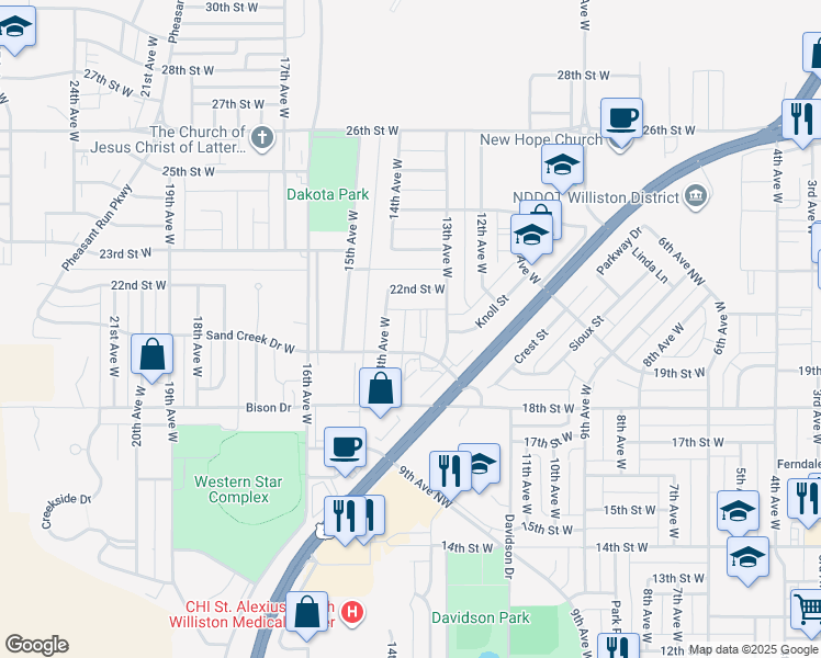 map of restaurants, bars, coffee shops, grocery stores, and more near 1800-2110 14th Ave W in Williston