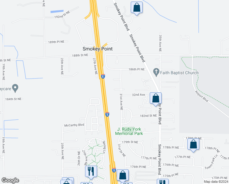 map of restaurants, bars, coffee shops, grocery stores, and more near 3010 184th Place Northeast in Arlington