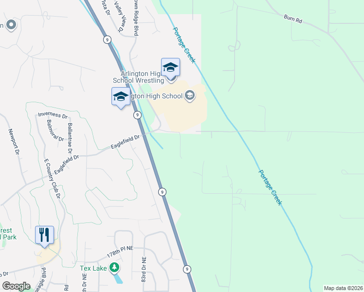 map of restaurants, bars, coffee shops, grocery stores, and more near 18501 86th Drive Northeast in Arlington