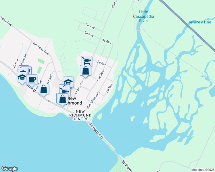 map of restaurants, bars, coffee shops, grocery stores, and more near 135 1re Rue in New Richmond