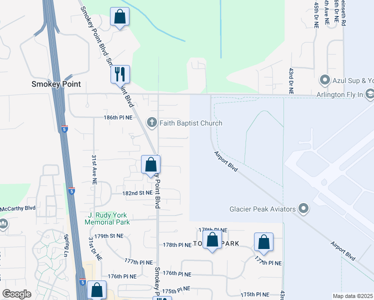 map of restaurants, bars, coffee shops, grocery stores, and more near 3604 184th Place Northeast in Arlington