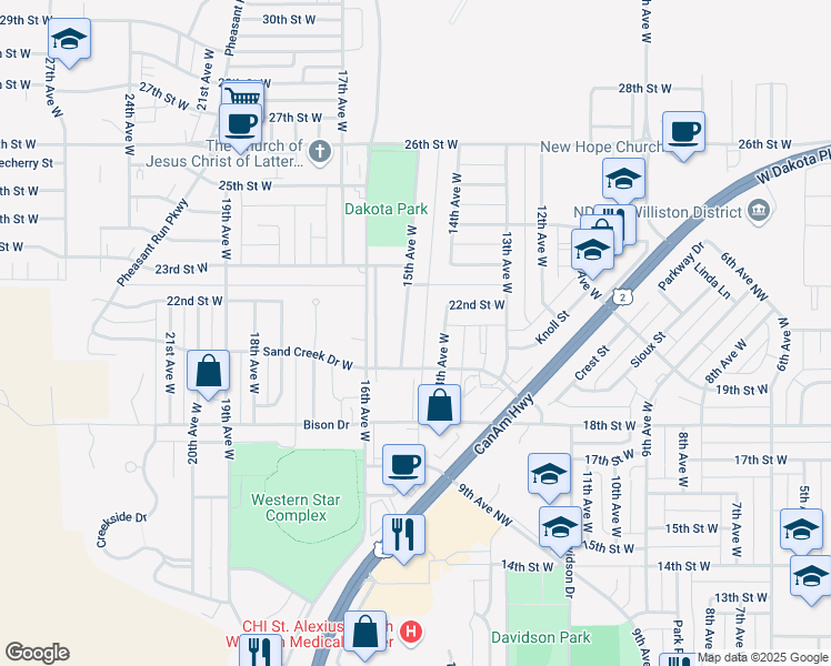 map of restaurants, bars, coffee shops, grocery stores, and more near 1800-2202 15th Avenue West in Williston