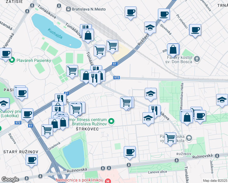 map of restaurants, bars, coffee shops, grocery stores, and more near Tomášikova in Bratislava