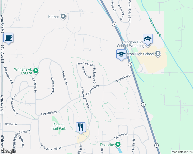 map of restaurants, bars, coffee shops, grocery stores, and more near 18505 Ballantrae Drive in Arlington